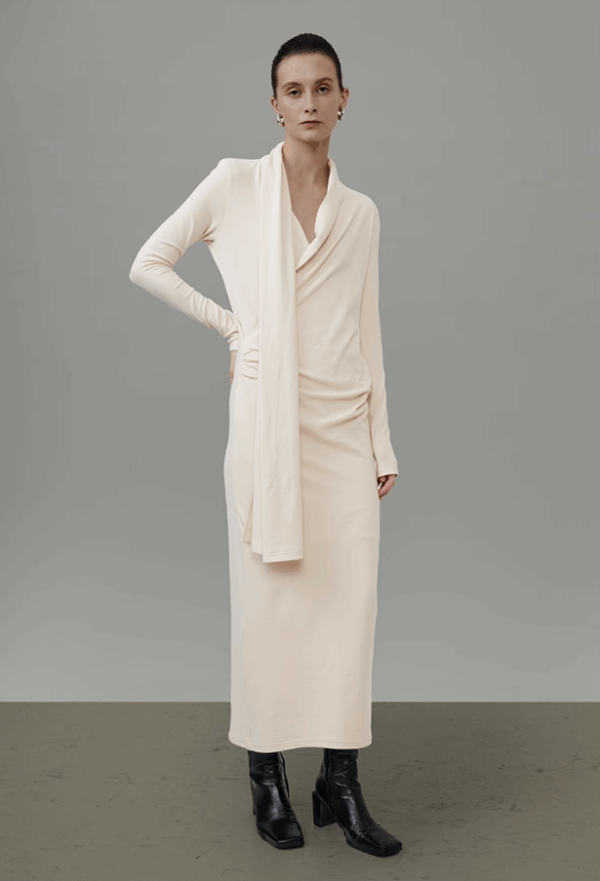 French swing neck ribbon knitted dress