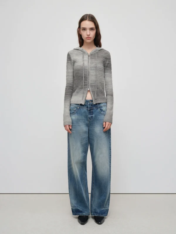 Double-zipper gradient hooded wool cardigan