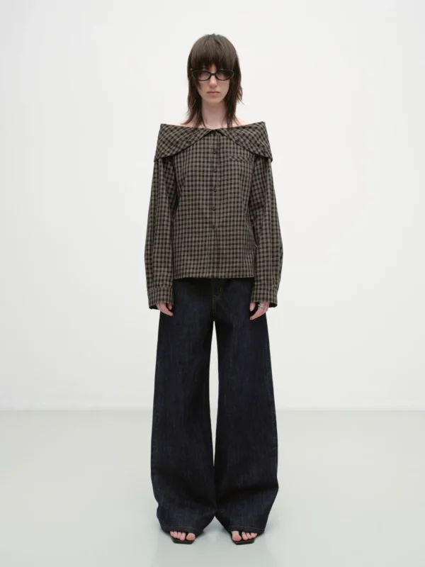 A design sense one-shoulder lapel check shirt for women