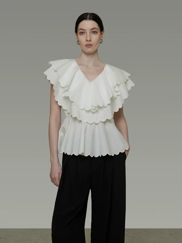 Double-layered lotus leaf collar short-sleeved shirt